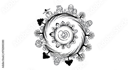 Symbolic lineage portrayal depicting the journey of life from conception to ancestral wisdom