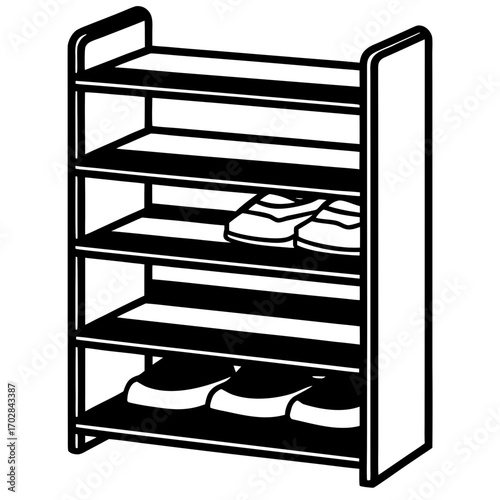 A black silhouette of a four tier shoe rack with shoes on two shelves isolated on white background