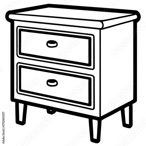 A simple black and white line drawing of a two drawer nightstand silhouette isolated on white background