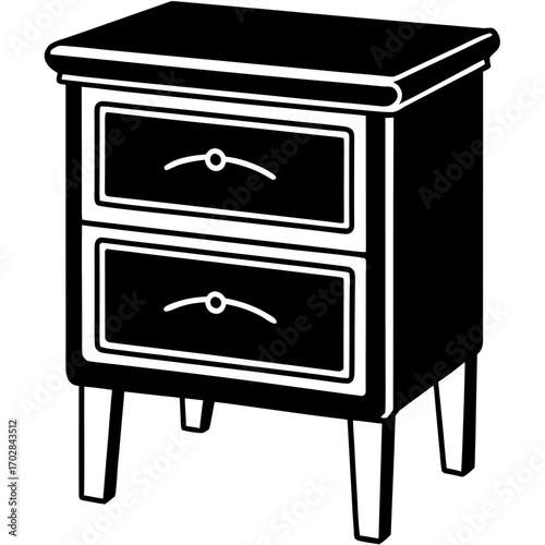 A black silhouette of a two drawer nightstand with curved handles isolated on white background