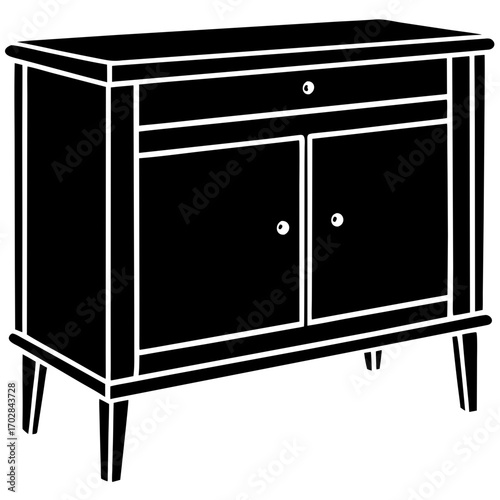 Classic black silhouette of a two door cabinet with a drawer isolated on white background