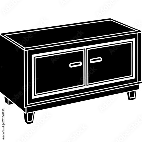 A black silhouette of a modern two door cabinet with handles isolated on white background