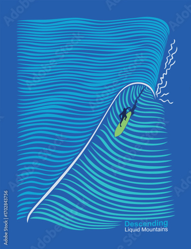 Aerial view graphic style illustration of surfer catching a tube.