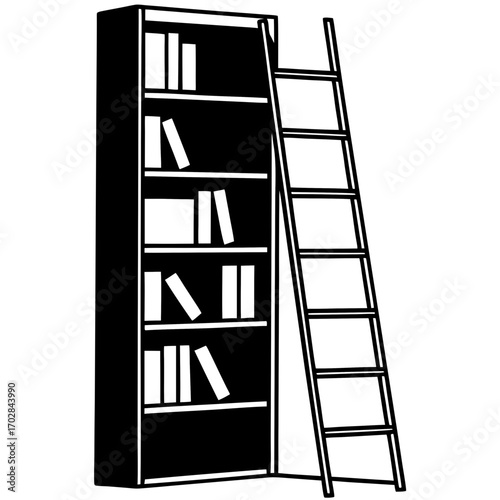 Tall bookshelf with ladder filled with books silhouette isolated on white background