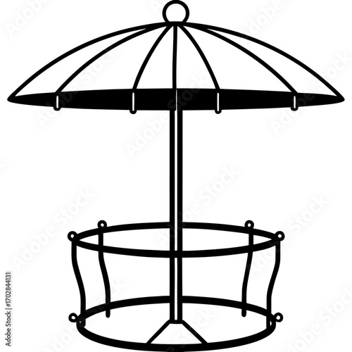Stylized black silhouette of a vintage bird feeder with a parasol roof isolated on white background