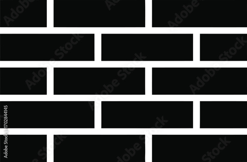 brick pattern or brick wall texture in black and white. It features a repeating pattern of rectangular shapes representing bricks, with white lines indicating the mortar joints between them. 