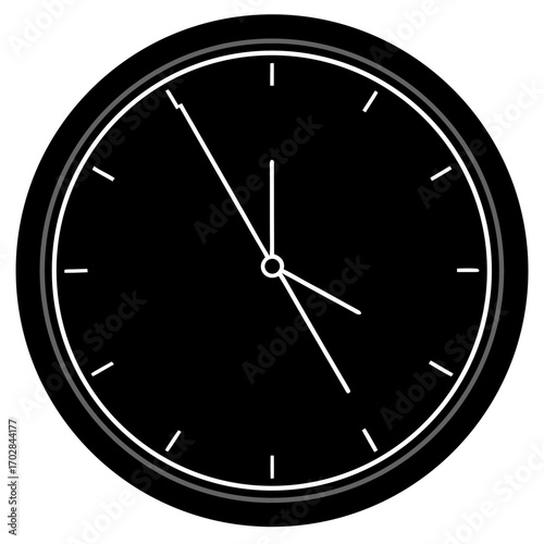 Minimalist black clock face with white hands showing approximately five oclock silhouette isolated on white background