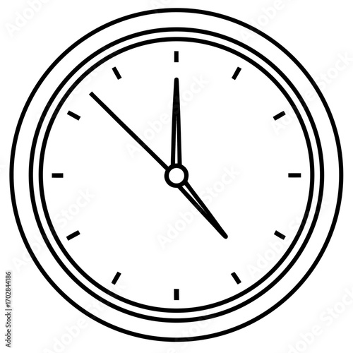 Simple black line art clock face with hour and minute hands showing time isolated on white background silhouette