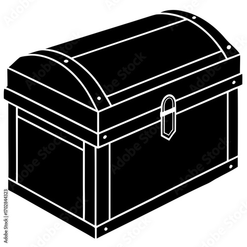 Classic treasure chest with metal accents and lock depicted as a black silhouette isolated on white background
