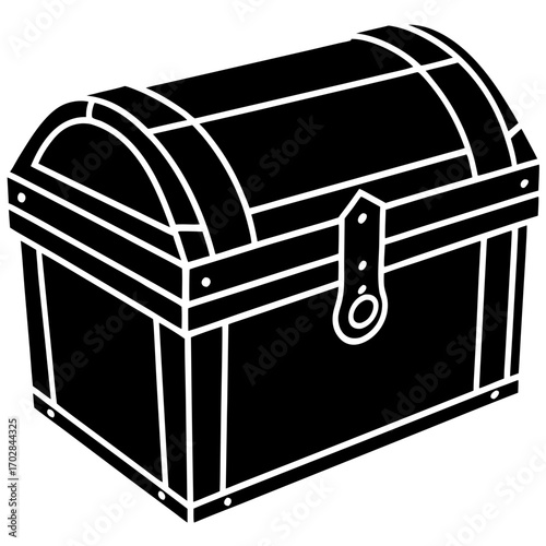 A classic black silhouette of a treasure chest with metal accents isolated on white background