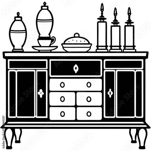Vintage cabinet with decorative objects and candlesticks silhouette isolated on white background