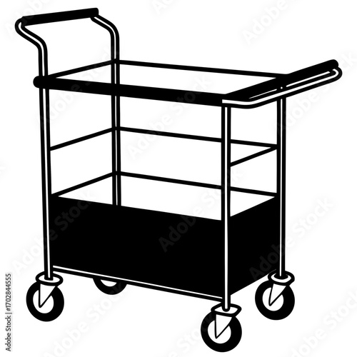 Black silhouette of a multi level utility cart with wheels and handles isolated on white background