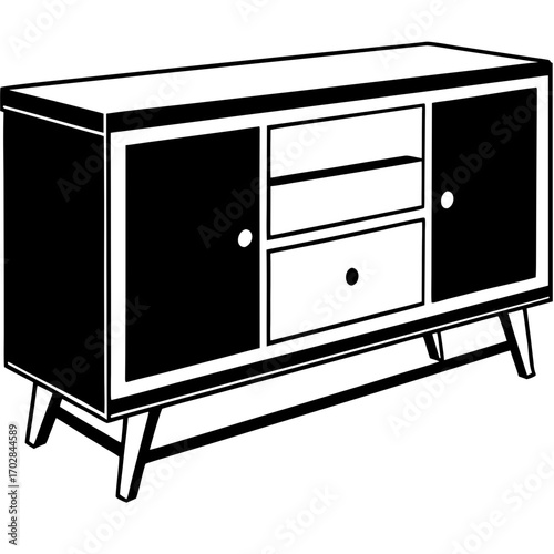 Retro mid century modern sideboard cabinet with drawers and doors silhouette isolated on white background