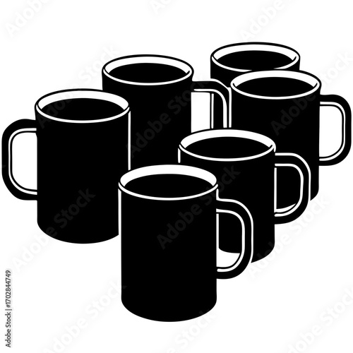 A group of six black coffee mugs arranged in a cluster silhouette isolated on white background