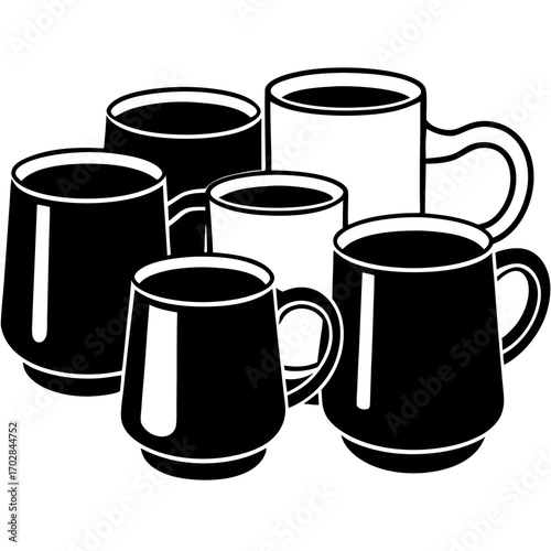 A collection of five black and white coffee mugs in a silhouette style isolated on white background
