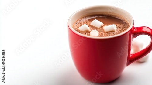 Rich hot chocolate topped with marshmallows in a vibrant red mug, perfect for cozy winter themes or culinary promotions, Ideal for blogs, advertisements, and social media content about comfort drinks