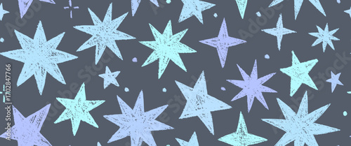 Vector kids pattern with doodle textured stars. Vector seamless background. blue and orange markers and brush stroke sketch pattern