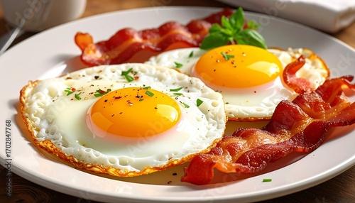 Fried eggs and bacon on a plate