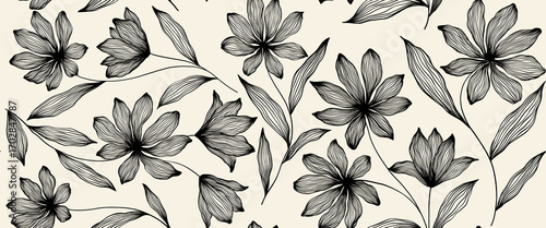 Leaves branch and Hand Drawn doodle Scribble floral plants banner, seamless pattern. Creative minimalist Abstract art background. Design wall decoration, postcard, poster or brochure