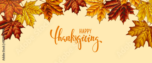 Happy thanksgiving greeting banner design template. Maple leaves border background. design holiday greeting card and invitation of american and canadian thanksgiving day, seasonal autumn holiday