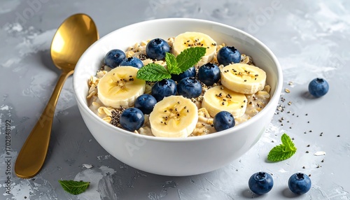 Exquisite oatmeal bowl with fresh blueberries and banana slices on table
