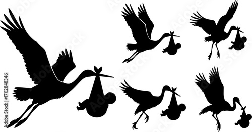 Stork carrying baby silhouette, Flying stork carrying baby silhouette, Stork baby delivery silhouette vector art set