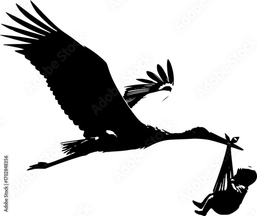 Stork carrying baby silhouette, Flying stork carrying baby silhouette, Stork baby delivery silhouette vector art set