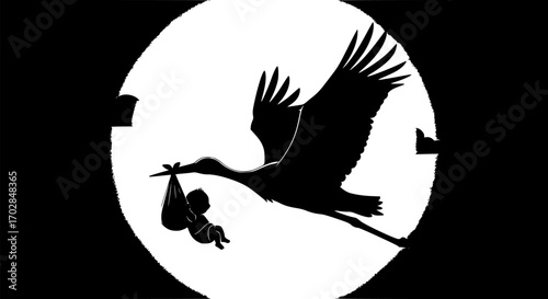 Stork carrying baby silhouette, Flying stork carrying baby silhouette, Stork baby delivery silhouette vector art set