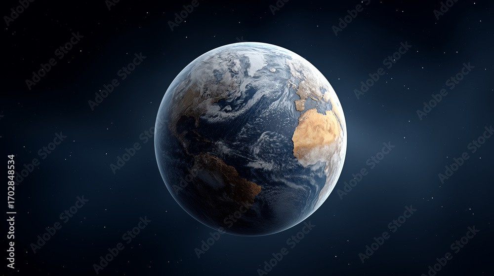 Fototapeta premium Earth planet viewed from space showing continents and clouds against dark starry sky background, global warming and climate change concept