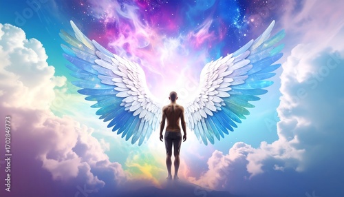 Naked figure with large, colorful wings, stands on clouds amidst a vibrant cosmic landscape