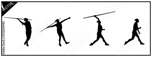 Set of javelin throw silhouettes, hobbies, athletic sports. Vector illustration.