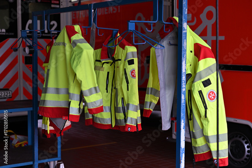 Dusseldorf Germany September 13, 2025 High visibility emergency jackets at Dusseldorf fire station open day