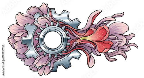 Floral mechanics: A fusion of nature's beauty and technological precision illustrated with gears
