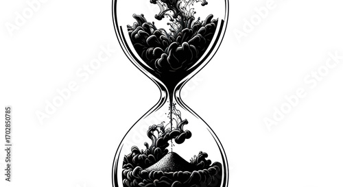 Hourglass filled with dark clouds illustrating the concept of fleeting time and mortality