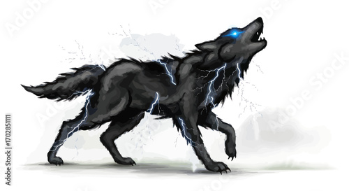 Mystical canine power surging through a wolf illustration with electrifying energy