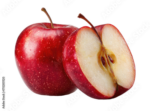Two red apples, one whole, one halved, displayed against a black background.  The halved apple reveals a crisp, white interior with seeds