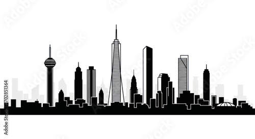 Sleek urban skyline silhouette displaying a variety of modern skyscrapers and towers evoking