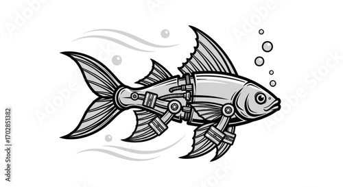 Steampunk aquatic creature concept art depicting a futuristic mechanical fish design