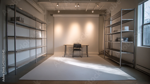 Bright, clean texture shows studio setup with shelves. Ideal for product photography, virtual background, or modern branding.