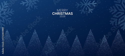 Merry Christmas 2026 message with dotted snowflake and christmas tree design on a dark blue background for holiday greeting card.