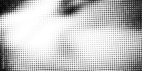 Grunge halftone gradient background. Faded grit noise texture. White and black sand wallpaper. Retro pixelated backdrop. Anime or manga style comic overlay.