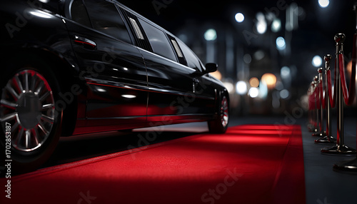 VIP service. The limousine is parked with the door open, and a red carpet leads to the open door