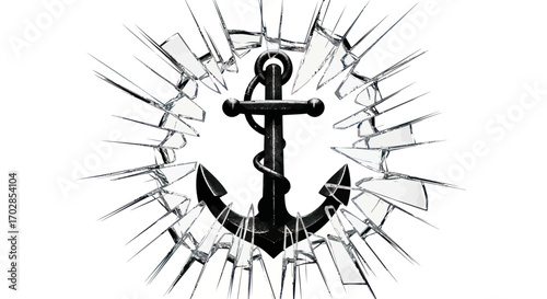 A dark anchor pierces through shattering glass creating dramatic and evocative nautical imagery