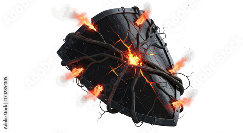 A Defiant Defense Imploding Iron Shield Embraces Fire Vines an Ominous Fantasy Stillness