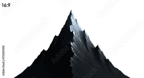A digitally rendered monochrome mountain peak isolated on a crisp white background