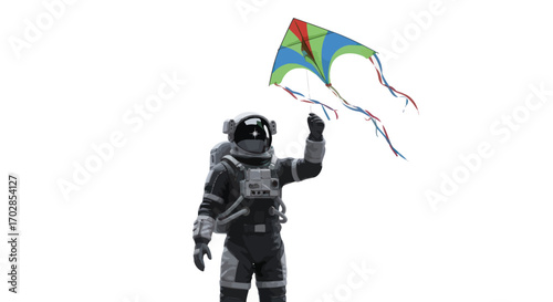 A futuristic astronaut experiences earthbound joy by flying a colorful kite outdoors