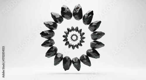 A mesmerizing circular formation of dark glistening stones on a clean white background with depth
