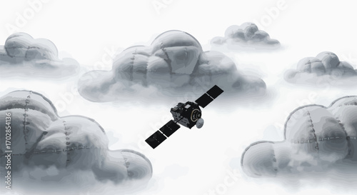 A satellite gracefully navigates through a dreamy landscape of stitched clouds in the sky