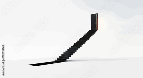 A stairway with black steps leading to a black door against a white backdrop conveying ambition