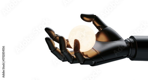 A sleek robotic arm presents a luminous orb embodying technological innovation and future prospects
